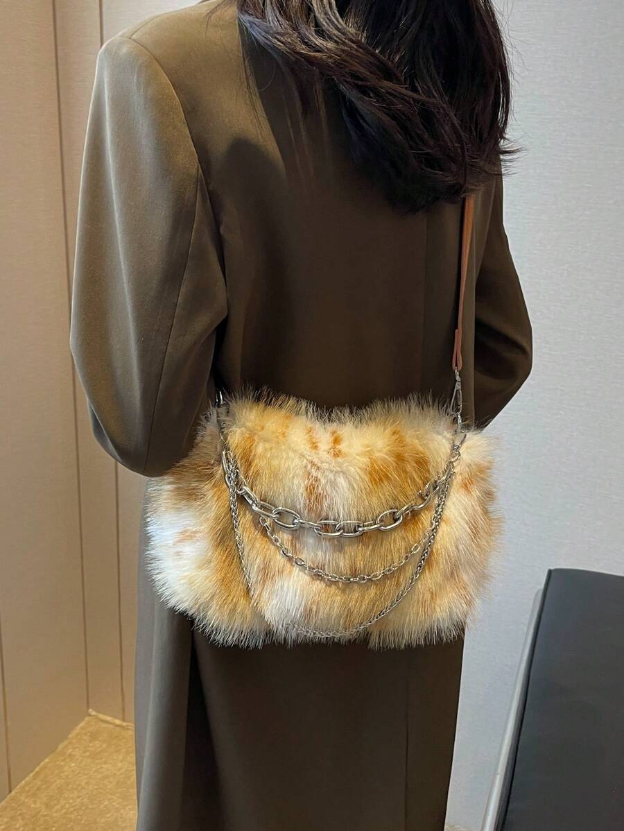 Women's Burgundy Leopard Spotted Faux Fur Shoulder Bag With Chain, Fashionable For Autumn/Winter-Brown