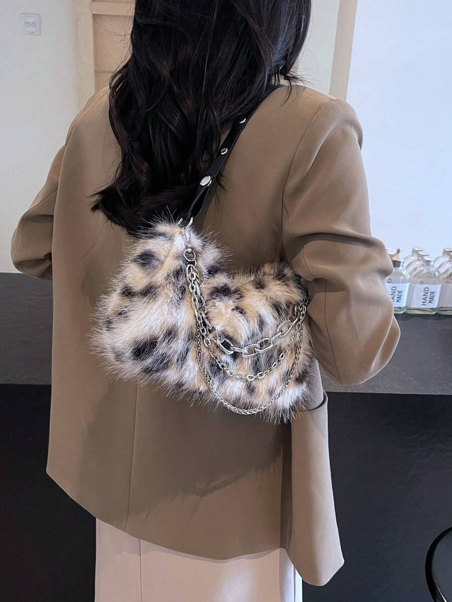 Women's Burgundy Leopard Spotted Faux Fur Shoulder Bag With Chain, Fashionable For Autumn/Winter-multicolor-2