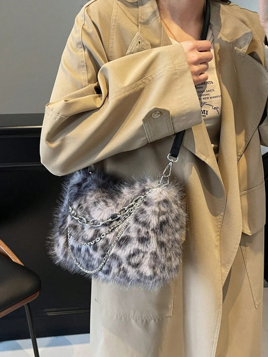 Women's Burgundy Leopard Spotted Faux Fur Shoulder Bag With Chain, Fashionable For Autumn/Winter-Grey