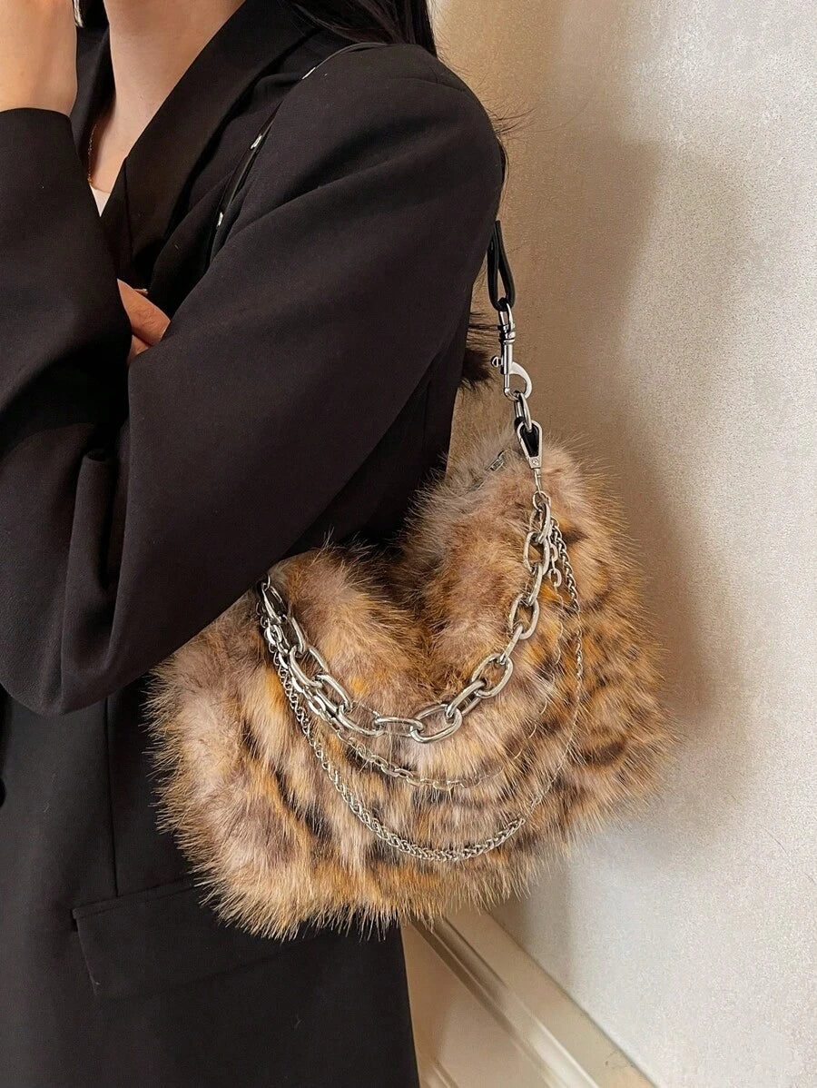 Women's Burgundy Leopard Spotted Faux Fur Shoulder Bag With Chain, Fashionable For Autumn/Winter-Brown