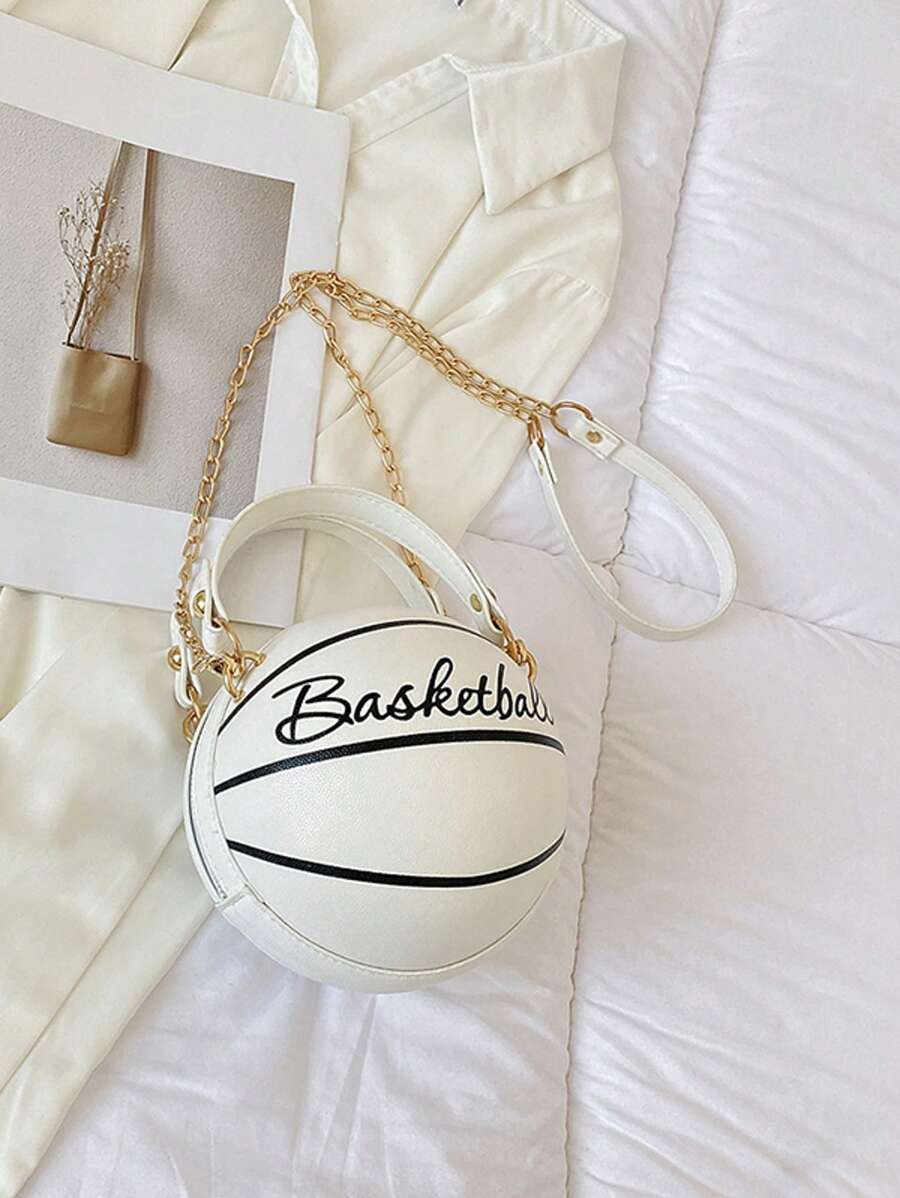 Women's Shoulder Bag, Novelty Bag, Basketball Shaped Chain Bag-White