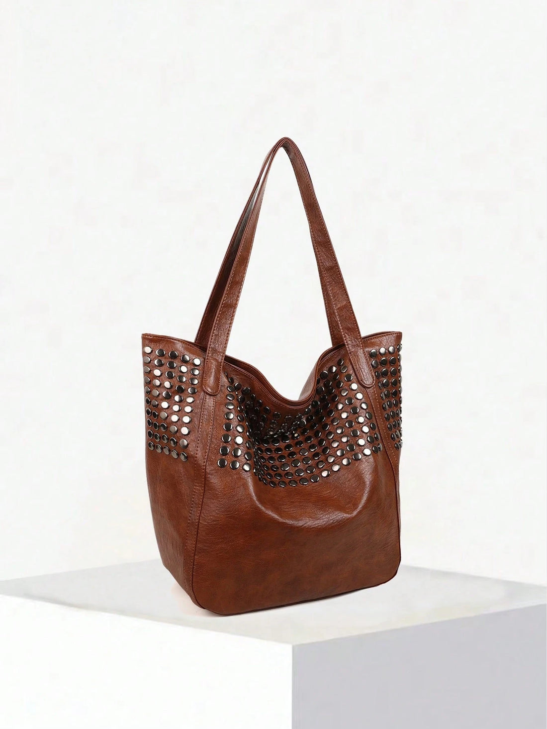 Soft Leather Tote Bag – Large Capacity, Rivet Design, Leopard Print-Brown