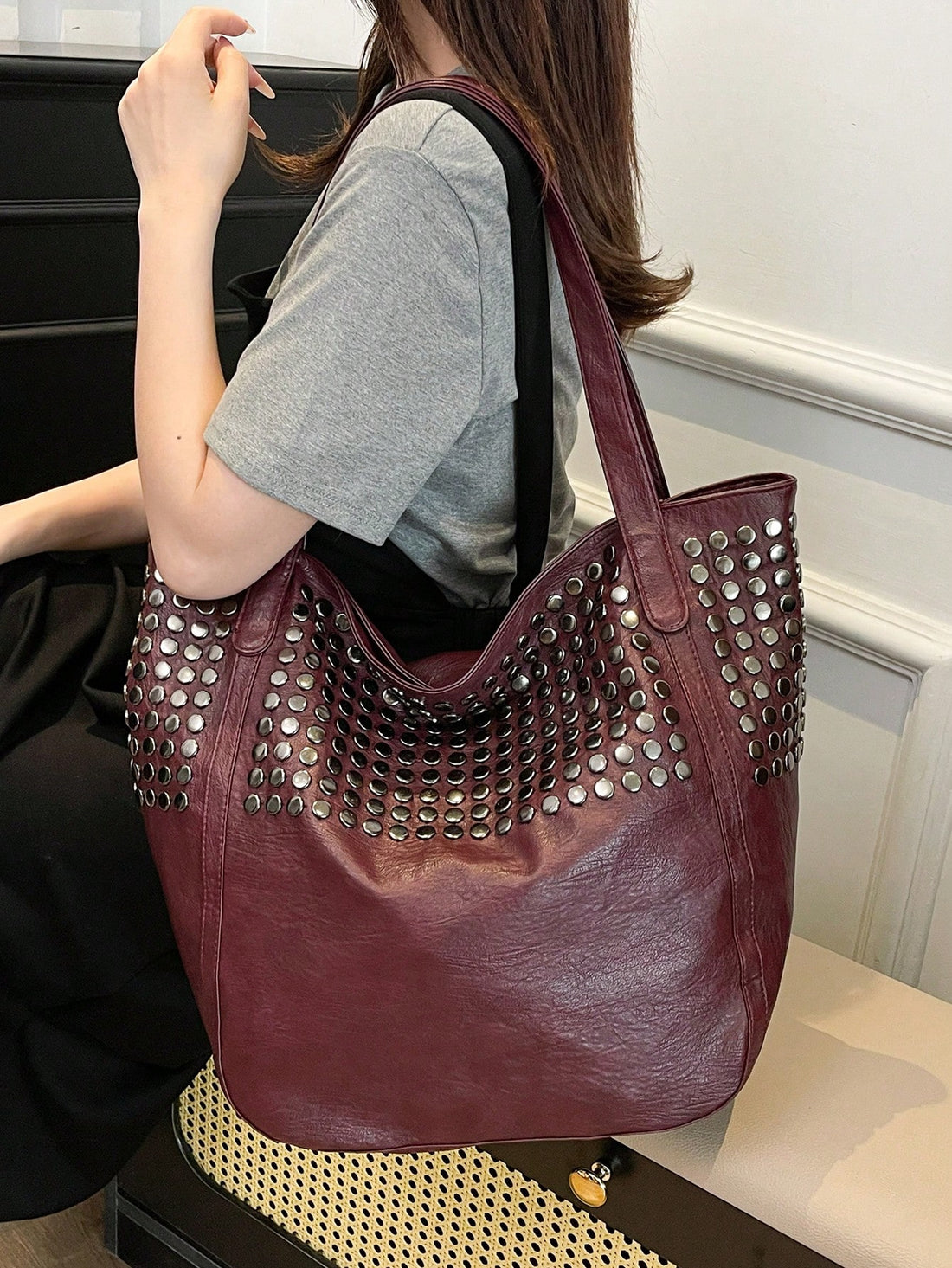 Soft Leather Tote Bag – Large Capacity, Rivet Design, Leopard Print-Burgundy