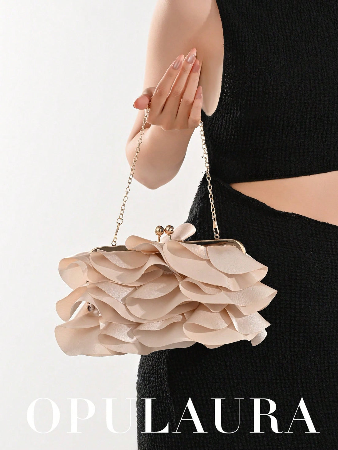 Women’s Petal Clutch – Elegant Ruffle Design Evening Bag with Chain Strap-Apricot