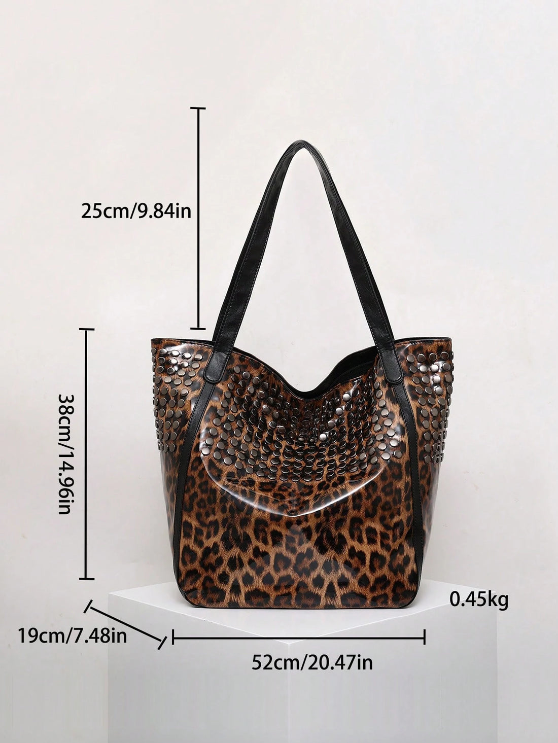 Soft Leather Tote Bag – Large Capacity, Rivet Design, Leopard Print-Multicolor