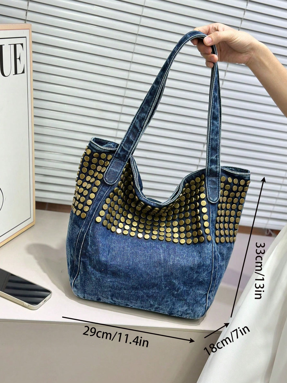 Soft Leather Tote Bag – Large Capacity, Rivet Design, Leopard Print-Baby Blue