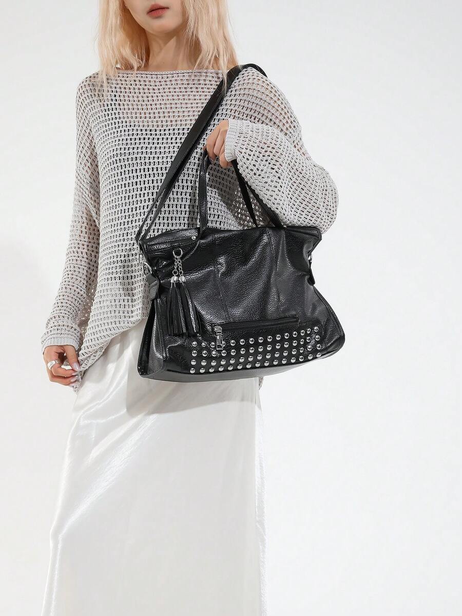Soft Leather Tote Bag – Large Capacity, Rivet Design, Leopard Print-Black