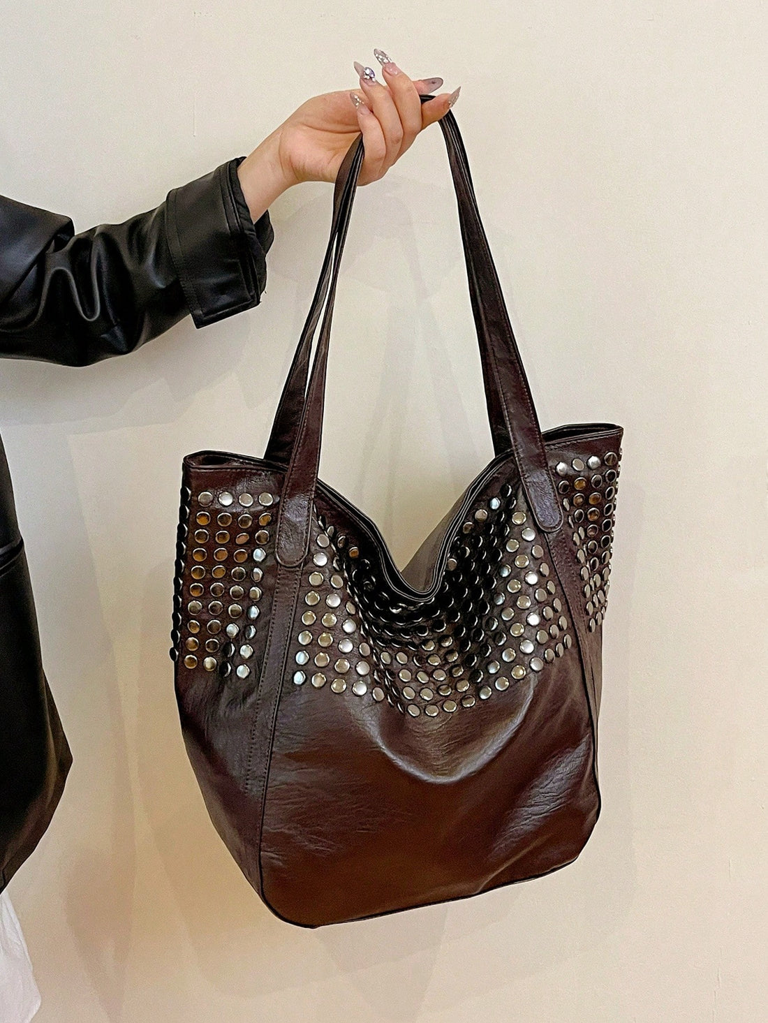 Soft Leather Tote Bag – Large Capacity, Rivet Design, Leopard Print-Coffee