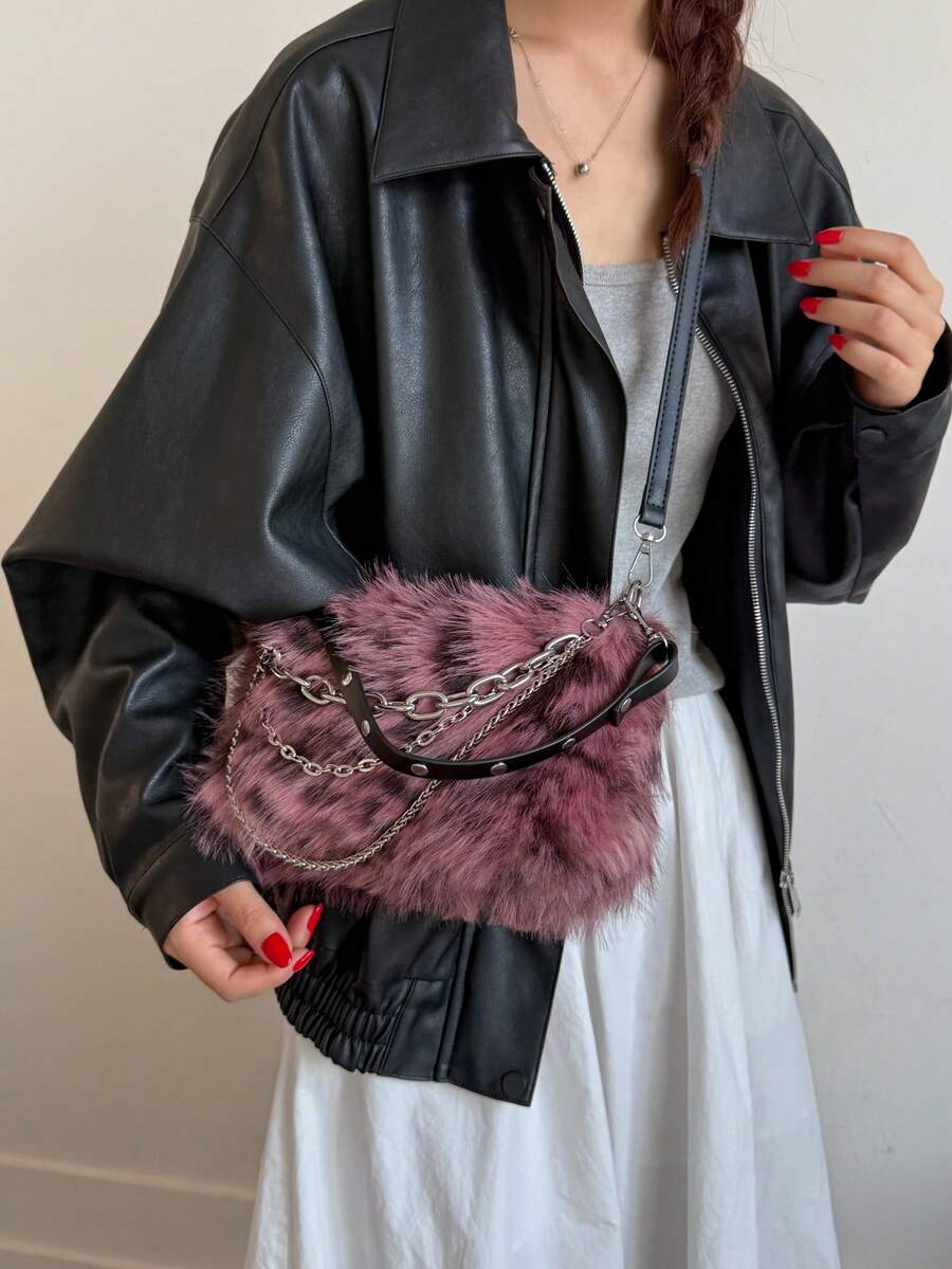 Women's Burgundy Leopard Spotted Faux Fur Shoulder Bag With Chain, Fashionable For Autumn/Winter-Burgundy