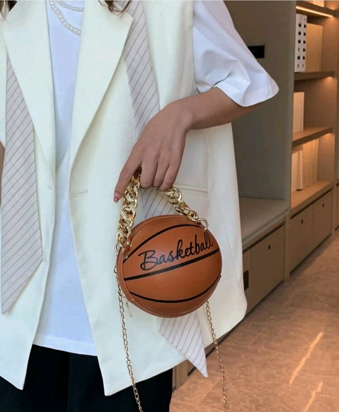 Women's Shoulder Bag, Novelty Bag, Basketball Shaped Chain Bag-Brown