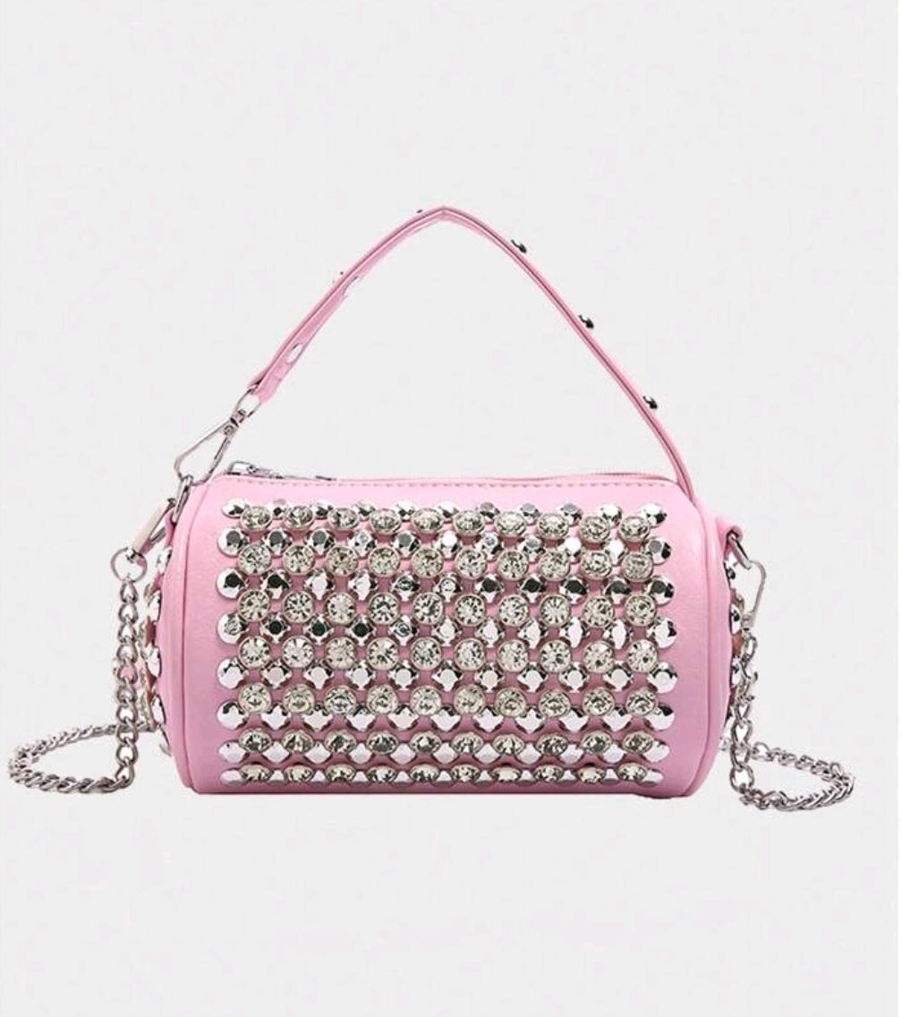 Classic Personalized Cylinderical Pink Bag, Exquisite And Stylish, Versatile Diamond-Studded Banquet Handbag, Fashionable Chain, Solid Color Rivet-Studded Crossbody Bag suitable for Parties, Dinners, Street Photography and Musical Festivals.