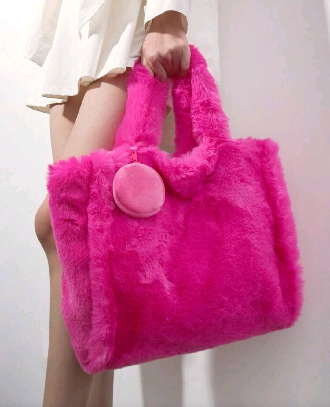 2 Pcs Fluffy Bag Plush Tote Bag for Women Autumn Winter Furry Handbags Solid Color Chic Fuzzy Shopping Soft Fashion Ladies Shoulder Bag(Rose Red,L)