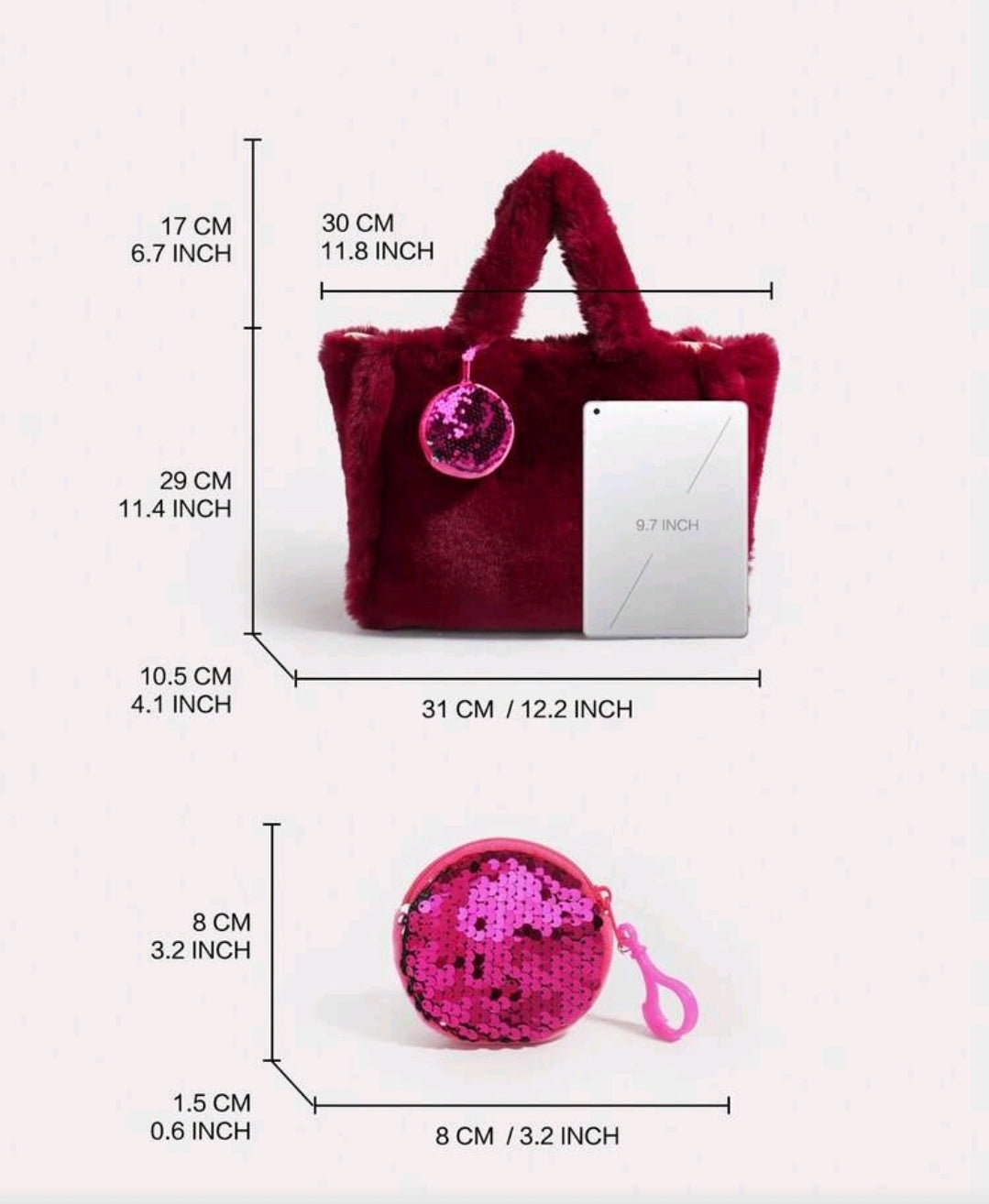 2 Pcs Fluffy Bag Plush Tote Bag for Women Autumn Winter Furry Handbags Solid Color Chic Fuzzy Shopping Soft Fashion Ladies Shoulder Bag(Burgundy,L)